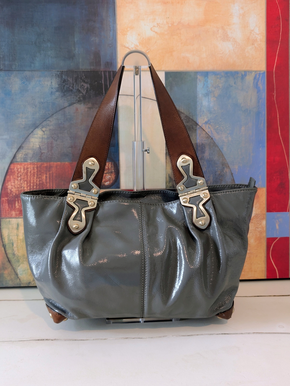 Michael Kors Gray Shoulder Tote with Brown Straps